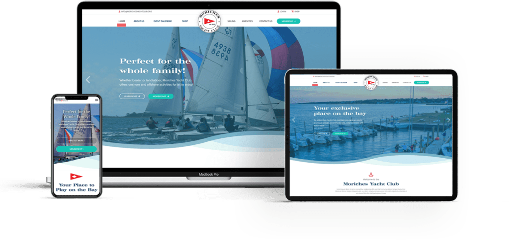 Moriches Yacht Club website views on laptop, mobile, and tablet